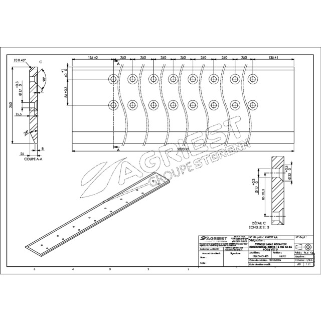 Contre Lame 250X25 LG 2000 400HB 2X8 TRS pour VIS TFØ16 EA 250 et 85 référence fournisseur 454297